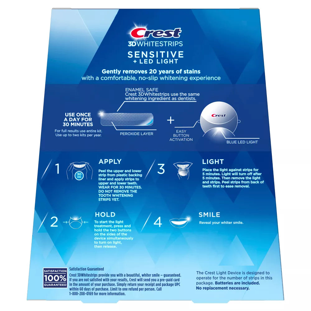 Crest - 3DWhitestrips Sensitive + LED Light At-Home Teeth Whitening Kit 28 strips